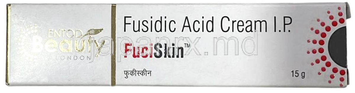 フシスキン クリーム, フシジン酸 20 mg, クリーム 15 g, 製造元：Entod Pharmaceuticals Ltd, 箱表面