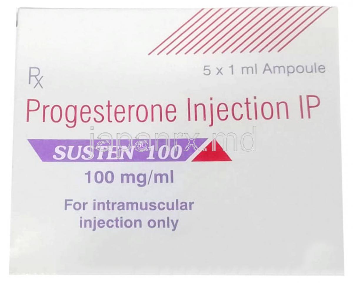 サステン 注射, プロゲステロン １ｍL あたり100 mg , 注射アンプル 1mL, 製造元：Sun Pharmaceutical Industries, 箱表面