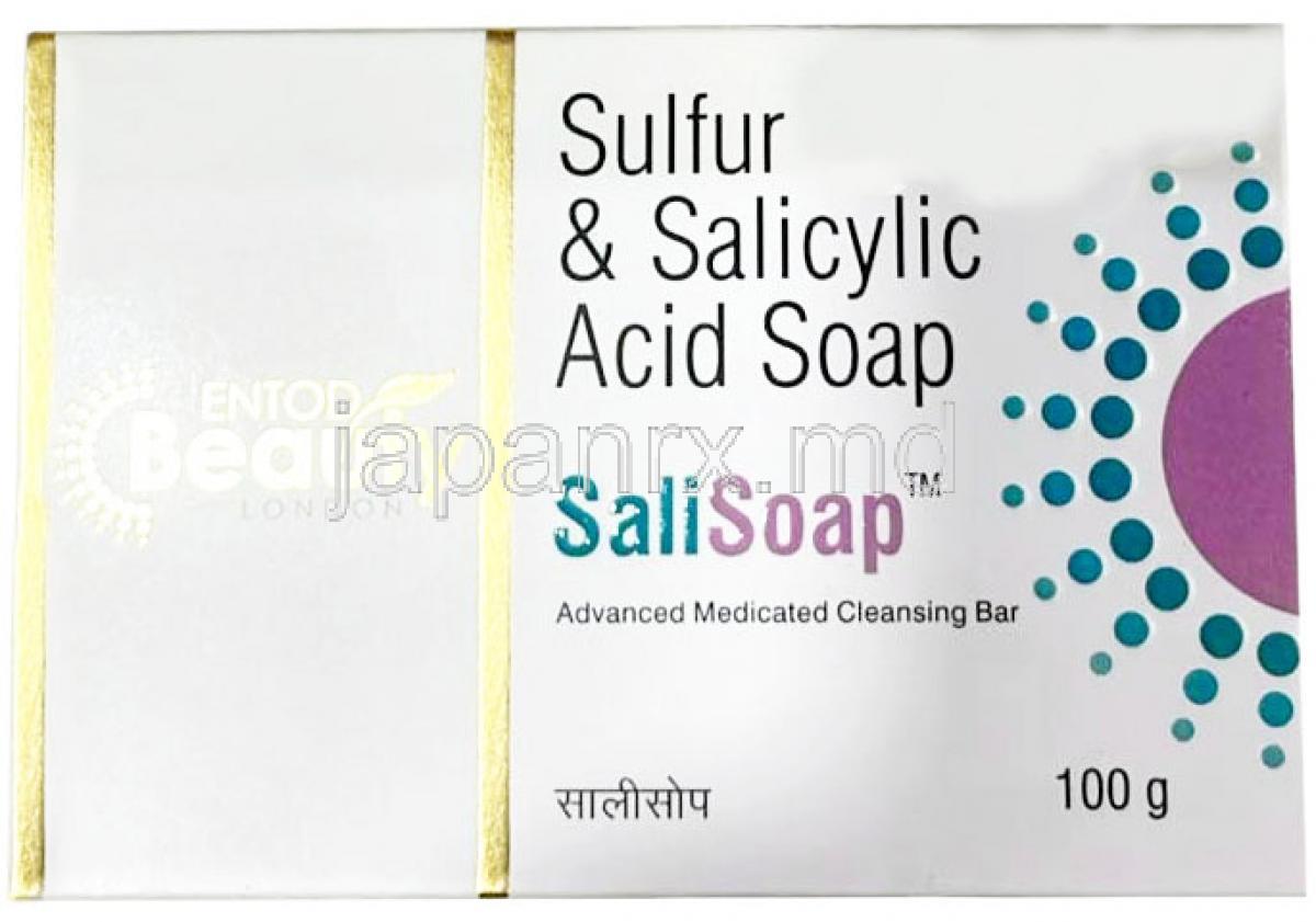 サリ石鹸, 硫黄 10% w/w / サリチル酸 3% w/w, 固形石鹸 100 g, 製造元：Entod Pharmaceuticals Ltd, 箱表面