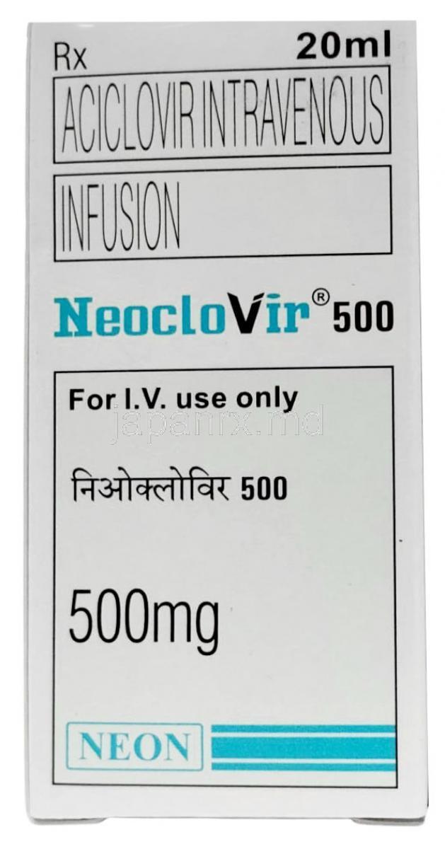 ネオクロビル 静脈注射, アシクロビル 500 mg, 静脈注射 20 mL,製造元： Neon Laboratories,, 箱表面