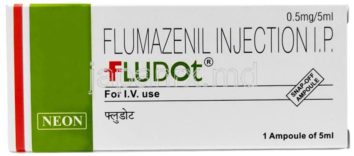 フルドット注射静注用,  フルマゼニル0.5 mg, アンプル 5 mL, 製造元：Neon Laboratories, 箱表面
