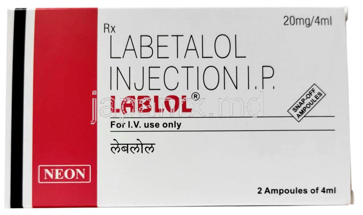 ラボロール注射 , Labetalol 20 mg, Ampoule 4 mL X 2本, 製造元：Neon Laboratories,箱表面