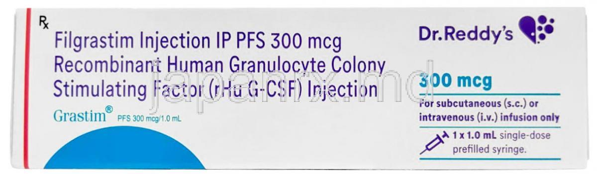 グラスティム 注射, フィルグラスチム 300 mcg, 注射, 製造元：Dr Reddy's Laboratories, 箱表面