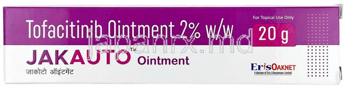 ジャクオート軟膏, トファシチニブ 2%, 軟膏 20 g, 製造元：Eris Oaknet Healthcare Pvt Ltd, 箱表面