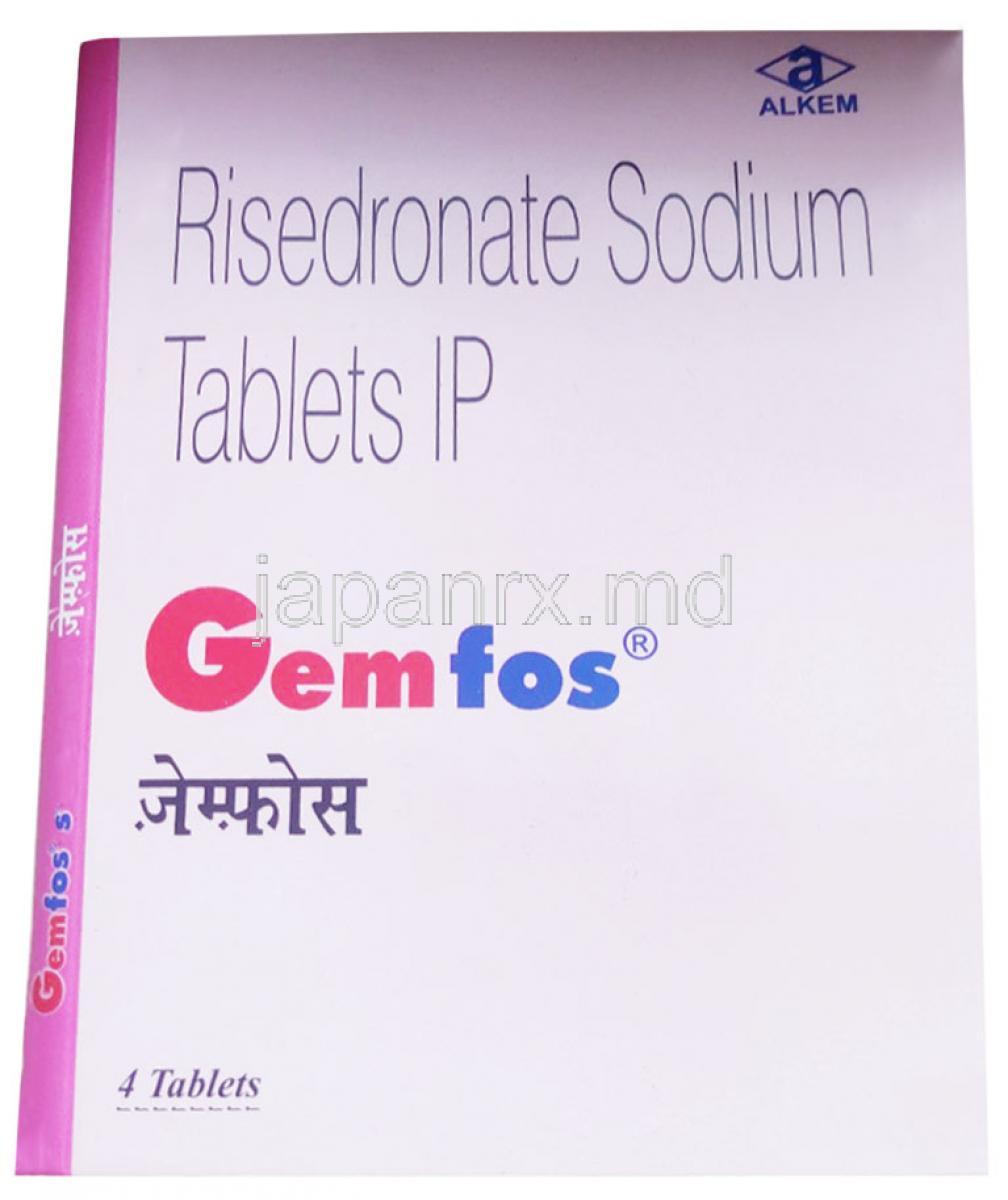 ゲムフォス, リセドロン酸ナトリウム 35 mg, 4 錠, 製造元：Alkem Laboratories Ltd, 箱表面