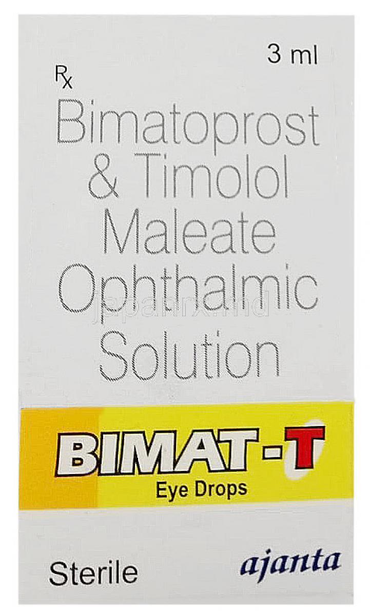ビマット T 点眼薬,ビマトプロスト0.03%/ チモロール 0.5%  点眼薬  3 mL, 製造元：Ajanta Pharma, 箱表面