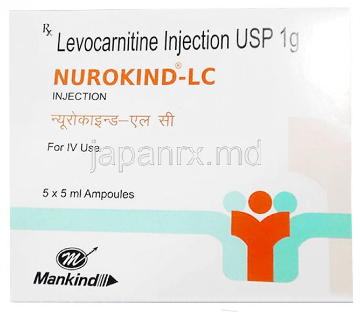 ヌロカインド LC 注射, レボカルニチン 200 mg, アンプル 5 mL X 5本, 製造元：Mankind Pharma, 箱表面