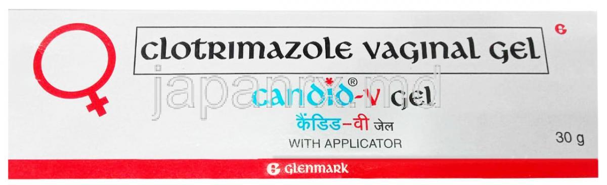 カンディッド V ジェル, クロトリマゾール 2% ww, ジェル 30 g, 製造元：Glenmark Pharmaceuticals, 箱表面