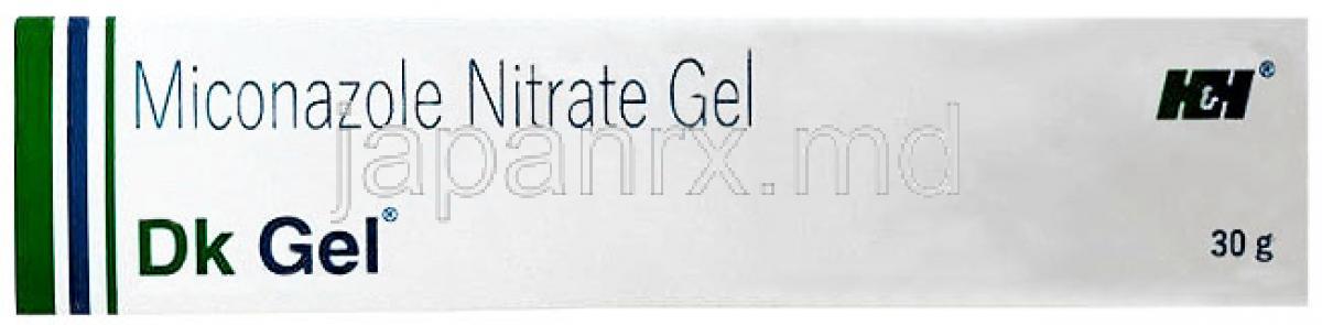 DK ジェル, ミコナゾール 2%, ジェル 30 g, 製造元：Hegde and Hegde Pharmaceutical, 箱表面