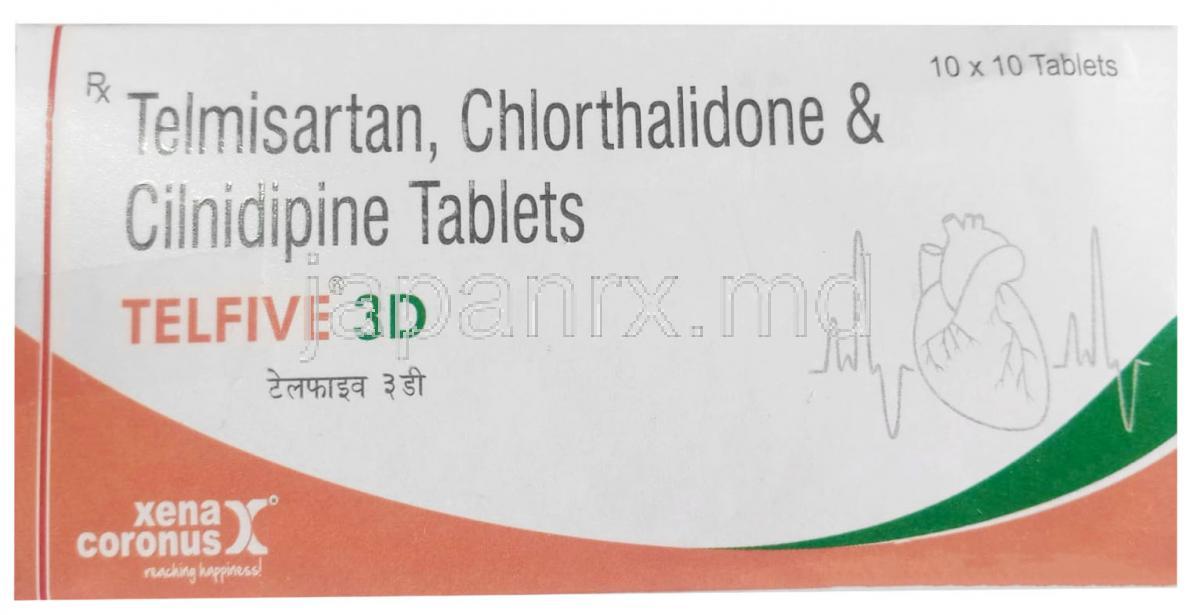テルファイブ 3D, テルミサルタン 40mg/ シルニジピン 10mg/ クロルタリドン 12.5mg, 製造元： Xena Coronus Health Care Pvt Ltd, 箱表面