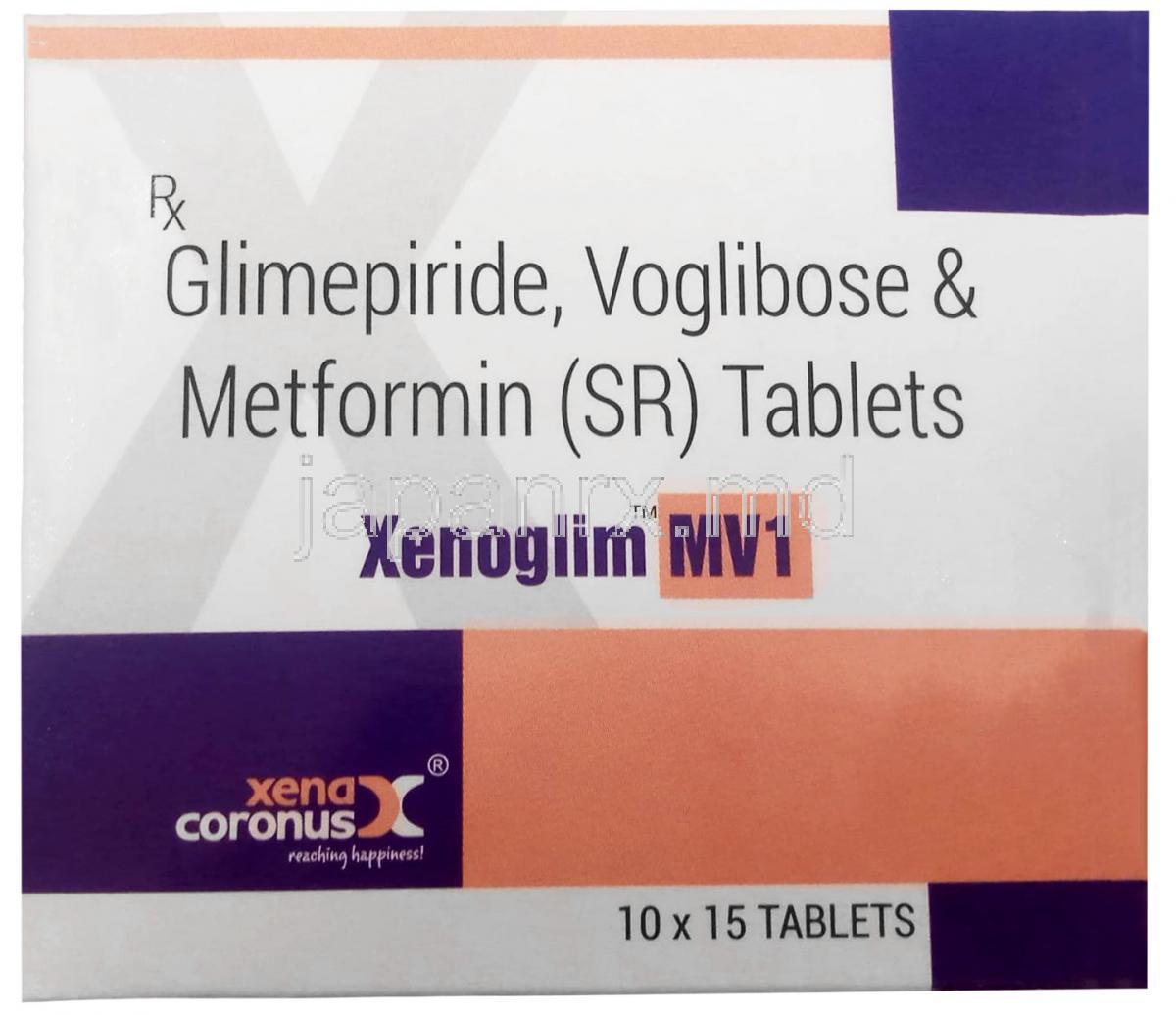 ゼノグリム MV1,グリメピリド 1 mg/ メトホルミン 500 mg/ ボグリボース 0.2 mg , 製造元：Xena Coronus Health Care Pvt Ltd, 箱表面