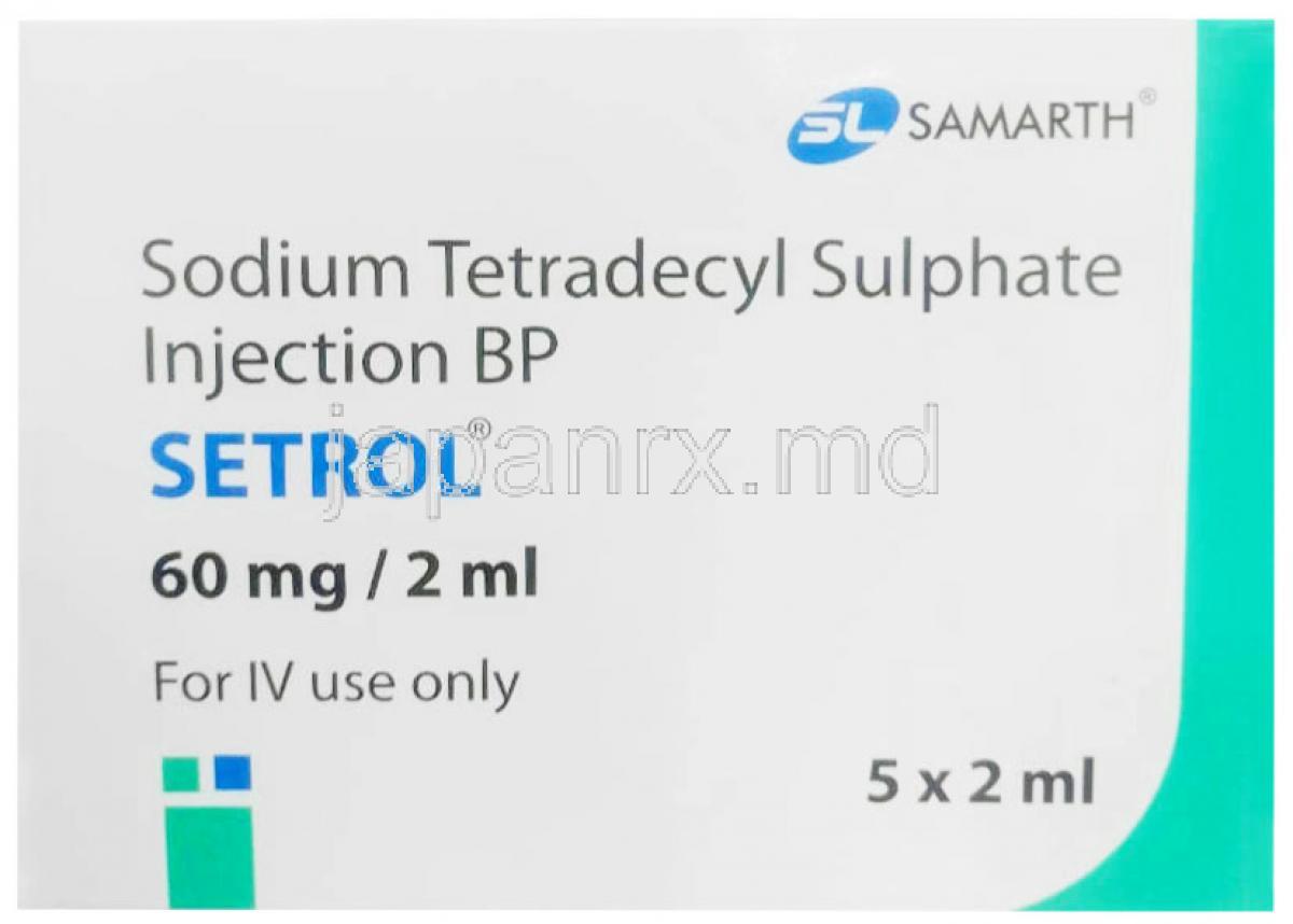 セトロール注射, テトラデシル硫酸ナトリウム3%(2mLあたり60mg ,製造元：Samarth Life Sciences Pvt Ltd, アンプル 2mLX 5本, 箱表面