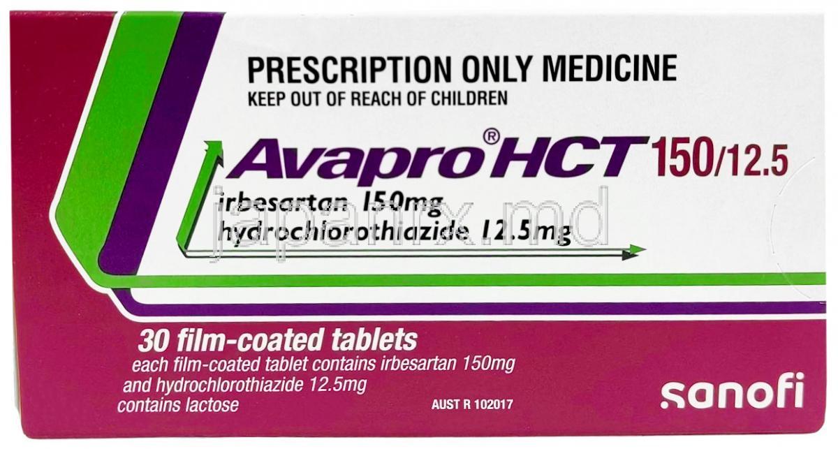 アバプロ HCT, イベルサルタン150 mg/ ヒドロクロロチアジド 12.5 mg, 製造元：ブリストル・マイヤーズ スクイブ, 箱表面