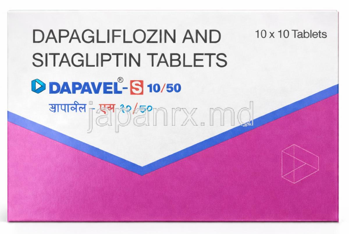 Dapavel-S 10/50, Dapagliflozin 10mg/ Sitagliptin 50 mg,Intas Pharma, Box front view