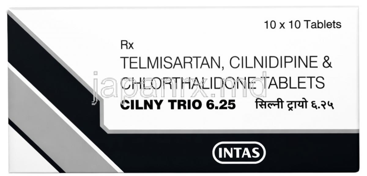 Cilny Trio,Telmisartan 40 mg, Cilnidipine 10 mg, Chlorthalidone 6.25 mg, Intas Pharma, Box front view