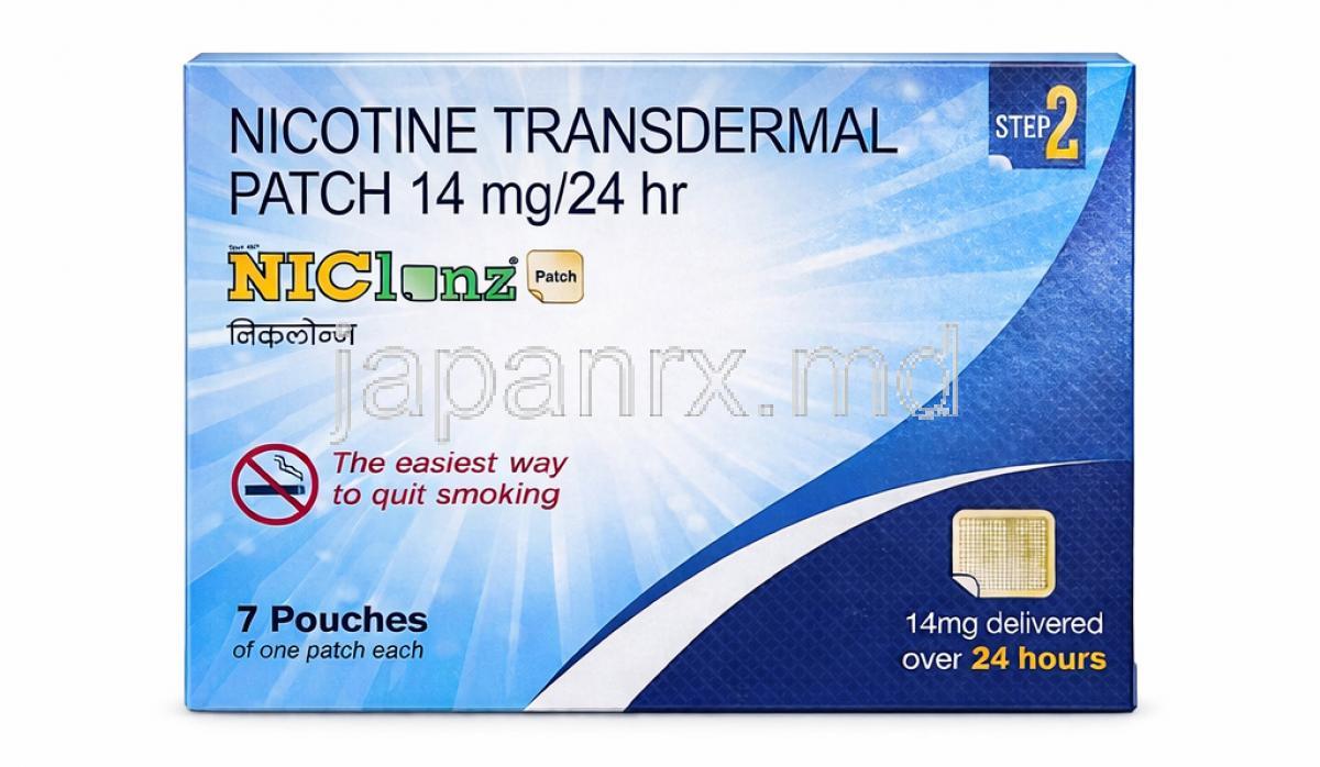 Noclonz Nicotine Transdermal patch, 14 mg/24 hours, Intas Pharma, Box front view