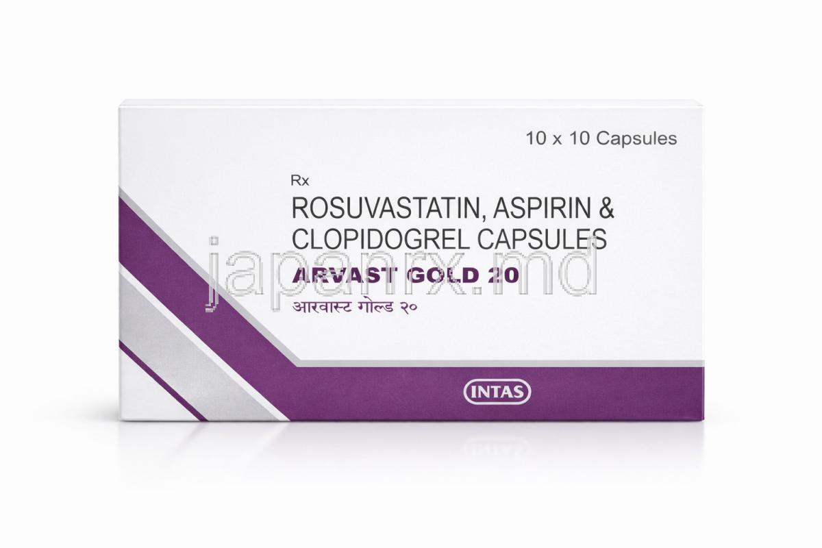 アルバストゴールド, ロスバスタチン 20 mg/ アスピリン(ASA) 75 mg/ クロピドグレル 75 mg, 製造元：Intas Pharma, 箱表面