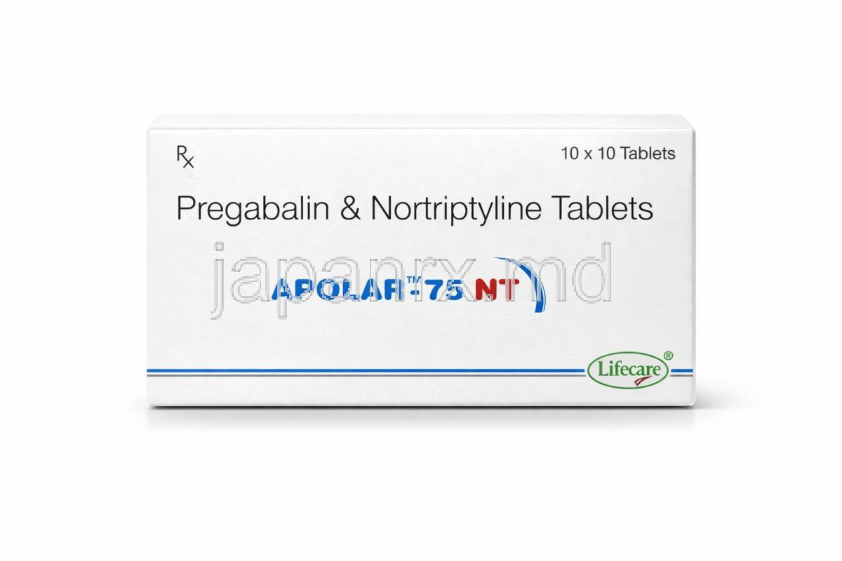 アポラー NT, プレガバリン75 mg/ノルトリプチリン 10 mg, 製造元：Lifecare Neuro Products Limited, 箱表面