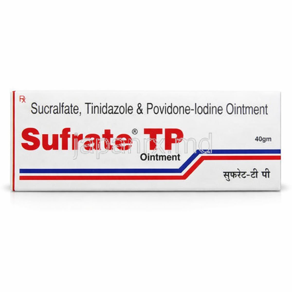 スルフラートTP軟膏, ポビドンヨード 5%/ チニダゾール 1%/ スクラルファート 7%  軟膏 15g, 製造元： Eskag Pharma Pvt Ltd, 箱表面