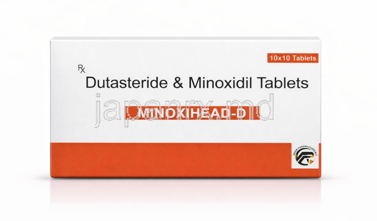 ミノキシヘッド D, デュタステリド 0.5 mg/ ミノキシジル 5 mg,清掃元：Asher Pharmaceuticals, 箱表面