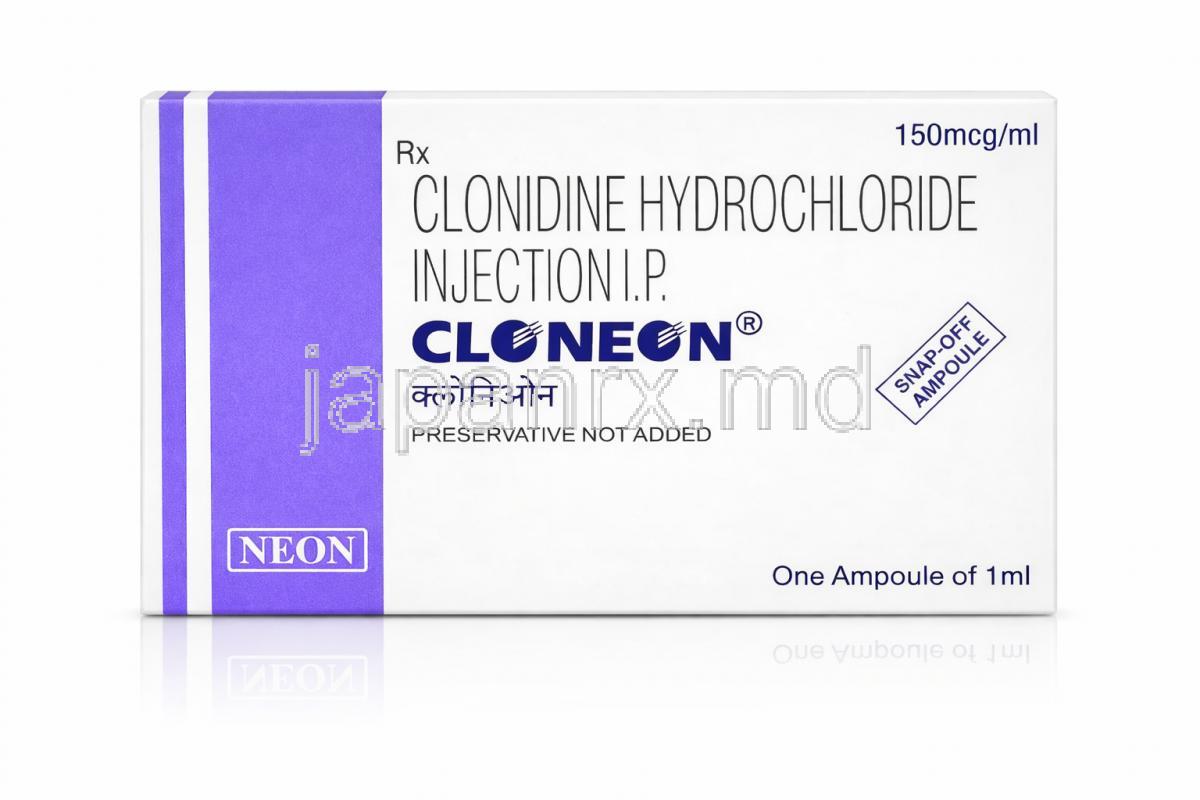 クロネオン 注射, クロニジン 150 mcg, 150 mcg 1ml x 1 バイアル, 製造元：Neon Laboratories, 箱表面