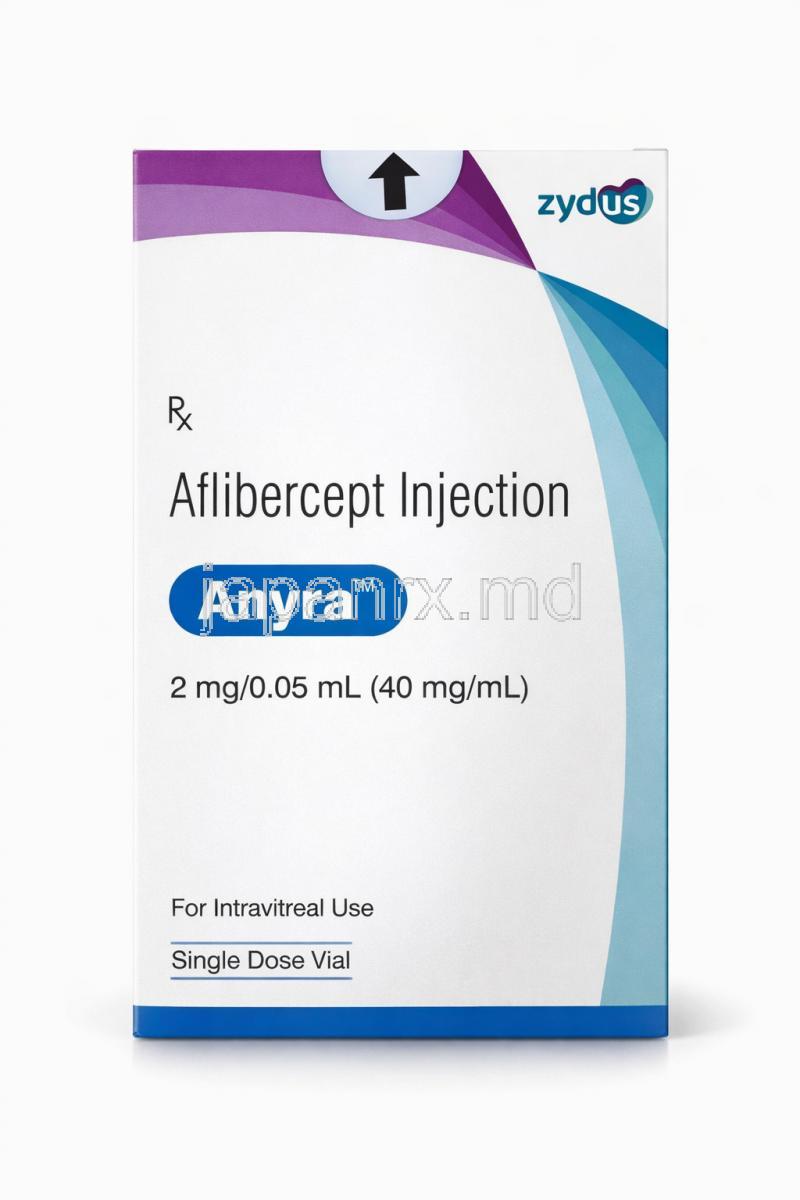 アニラ 眼球内注射, アフリベルセプト 2 mg/ 0.05 mL, バイアル, 製造元：Zydus Cadila, 箱表面
