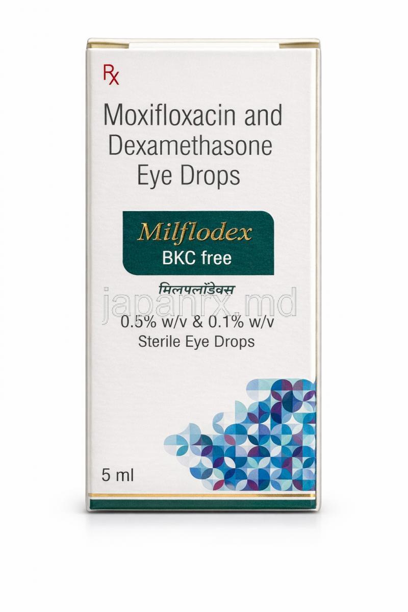 ミルフロデックス BKCフリー点眼薬, モキシフロキサシン0.5%/デキサメタゾン0.1% 点眼薬 5 mL, 製造元：Sun Pharma, 箱表面