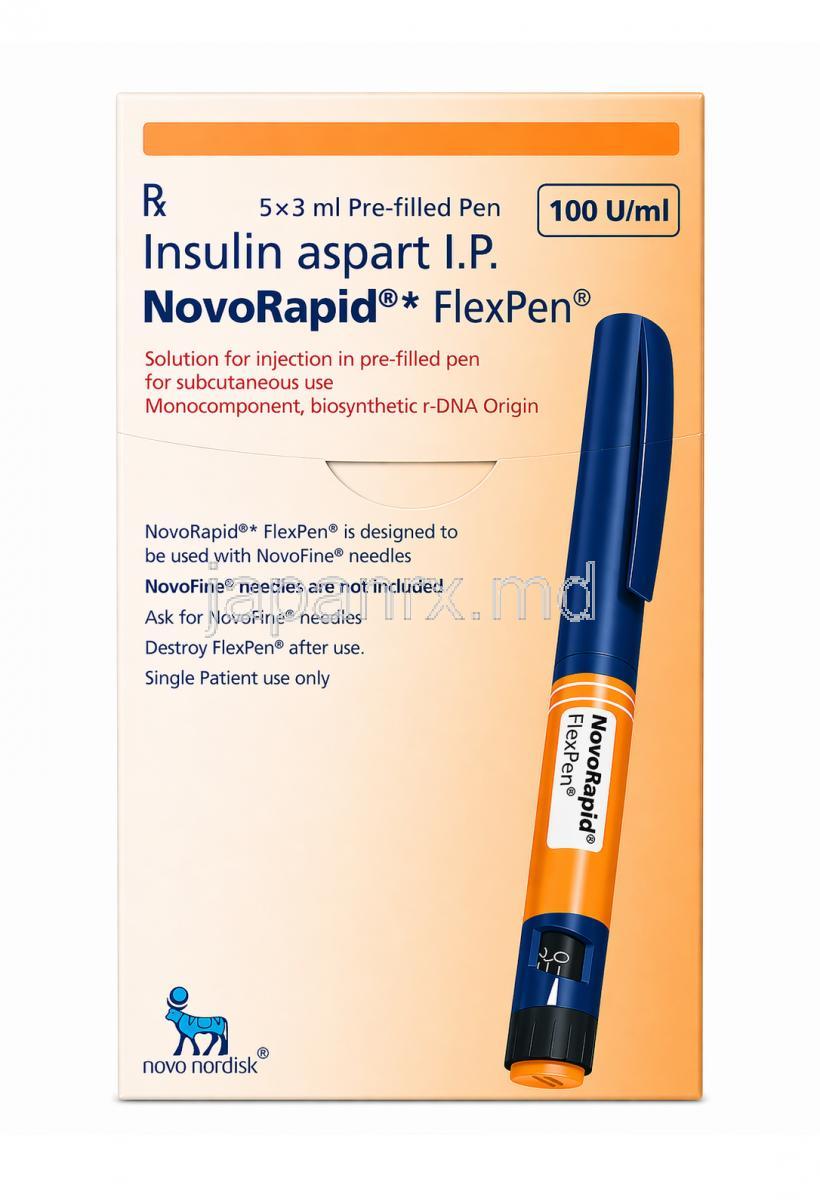 ノボラピッドフレックスペン,インスリンアスパルト 100IU/mL, ペン型注射 3 mL, 製造元：Novo Nordisk India Pvt Ltd, 箱表面