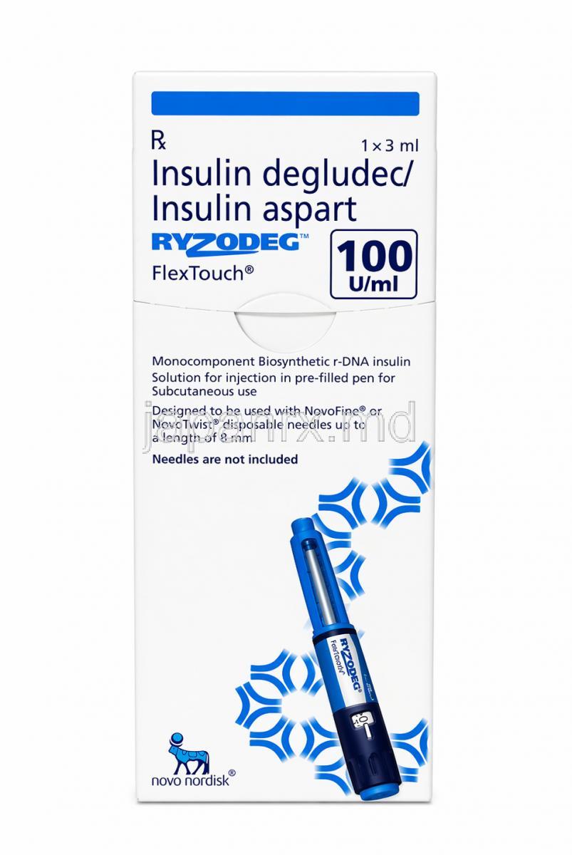 ライゾデグ フレックスタッチ ペン型注射, インスリンデグルデク2.56mg/インスリンアスパルト1.05mg,ペン型注射 3 mL,製造元： Novo Nordisk India Pvt Ltd, 箱表面