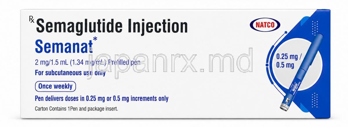 セマナットペン型注射, セマグルチド 2mg/1.5mL (1.34 mg/ mL), ペン型注射, 製造元：Natco Pharma, 箱表面
