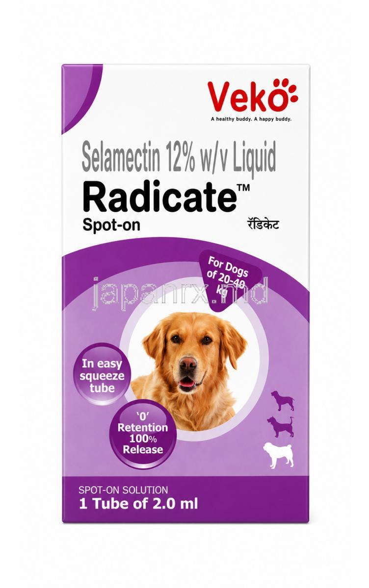 ラディケートスポットオン, セラメクチン 12% w/v, チューブ 2 mL (犬用), 製造元：Veko Care Pvt. Ltd, 箱表面