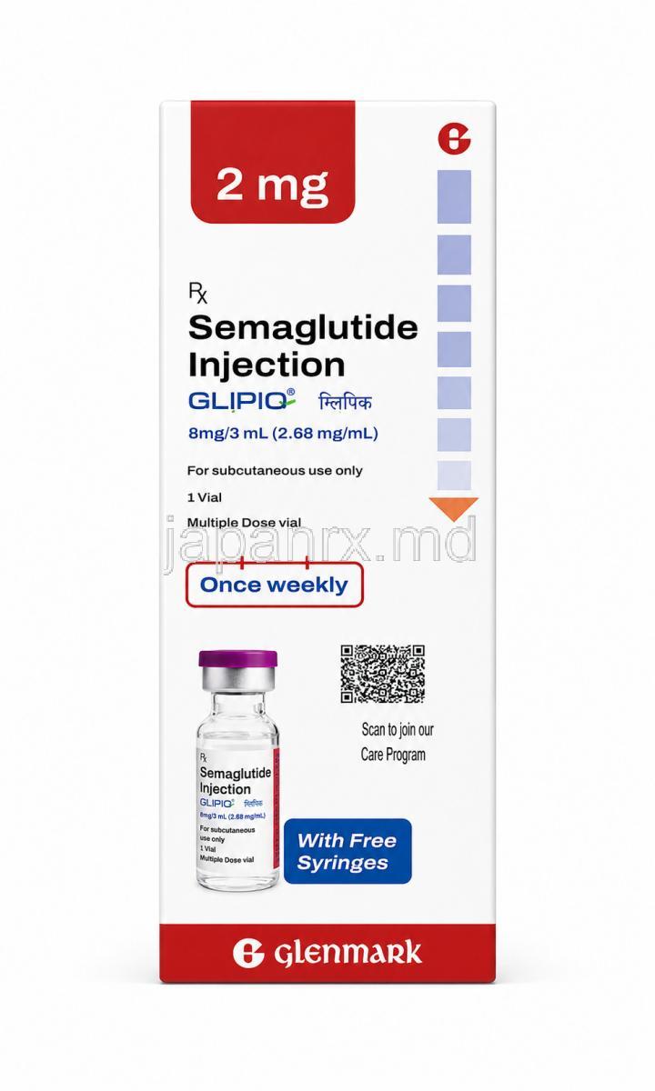 グリピック注射, セマグルチド 8 mg/ 3 mL (2.68mg/ mL), バイアル, 製造元：Glenmark Pharmaceuticals, 箱表面