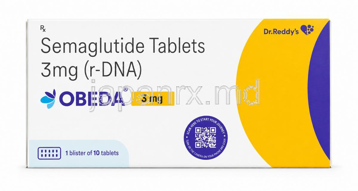 オベダ 3mg, セマグルチド 3 mg, 製造元：Dr Reddy's Laboratories, 箱表面