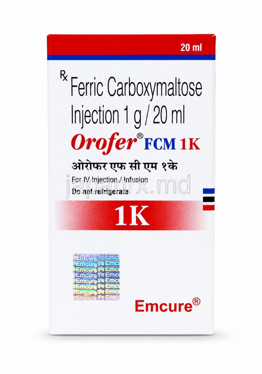 オロファーFCM 注射, カルボキシマルトース第二鉄 50 mg/mL (1g/ 20 mL), 製造元：Emcure Pharma, 箱表面