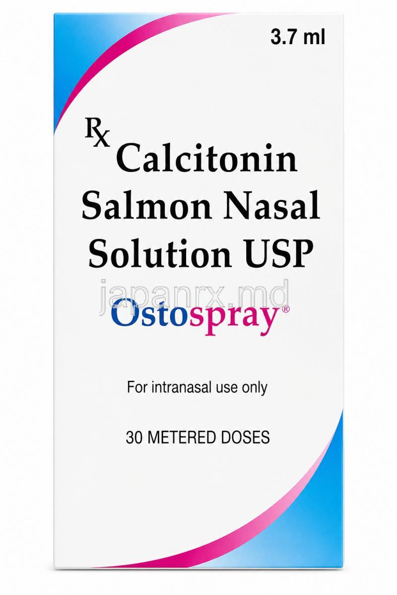 オストスプレー, カルシトニン 200IU, 点鼻用スプレー 3.7mL (30回分) 200 IU/回,製造元：Sun Pharmaceutical Industries Ltd, 箱表面