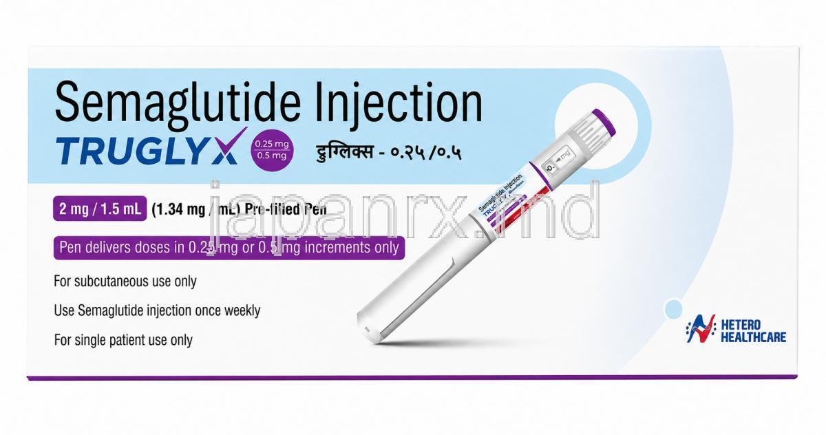 トルグリックス ペン型注射, セマグルチド 1.5mL あたり2mg(1mL あたり1.34 mg), ペン型注射,製造元： Hetero Healthcare Ltd, 箱表面