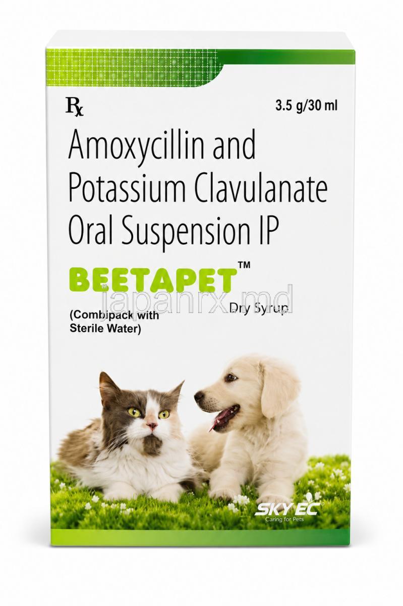 Beetapet Dry Syrup, Amoxycillin 200mg/ Clavulanic Acid 50 mg, Dry Syrup with Sterile Water 30 mL, SkyEc Drugs and Pharmaceuticals Pvt ltd, Box front view